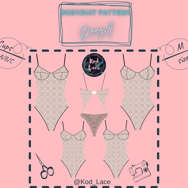 Bodysuit lingerie sewing pattern Brazill size M 4 cups in 1 PDF