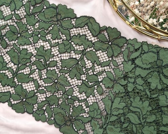 Kakigroene stretchkant met bloemenkant, lingerie naaien, 6,5" breed