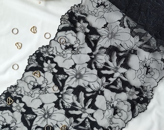 黒のフローラル刺繍レーストリム、伸縮性のないチュール（ランジェリーブラ製作用）