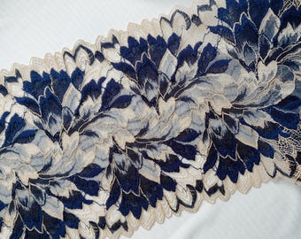 Blue Beige Floral Stretch Lace Trim, 7.8" Wide, Sewing Lingerie