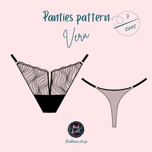 May include: An illustration of two pairs of panties. One is a black and lace design, and the other is a thong. The text reads "Panties pattern Vera" and "7 sizes". The logo for Kodlace.shop is also visible.