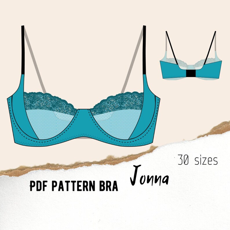 May include: A teal bra with black straps and a lace trim. The bra features a mesh panel and is shown in two views. Text on the image reads "PDF Pattern Bra" and "Jonna", with "30 sizes" also displayed.