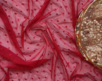 Red elastic tulle dots, stretch mesh fabric