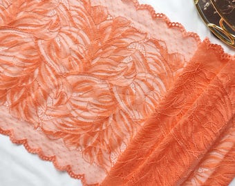 Orange Stretch Lace Trim: 9" Elastic Floral Fabric