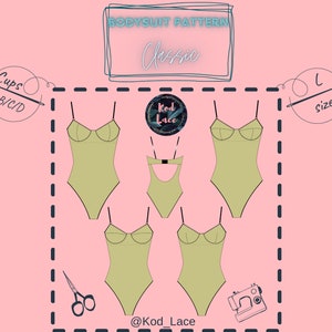 Pode incluir: Ilustração digital de um padrão de body em verde oliva, com o texto "BODYSUIT PATTERN Classic". O design inclui opções para taças B/C/D e tamanho L. A imagem também apresenta uma máquina de costura e tesouras.