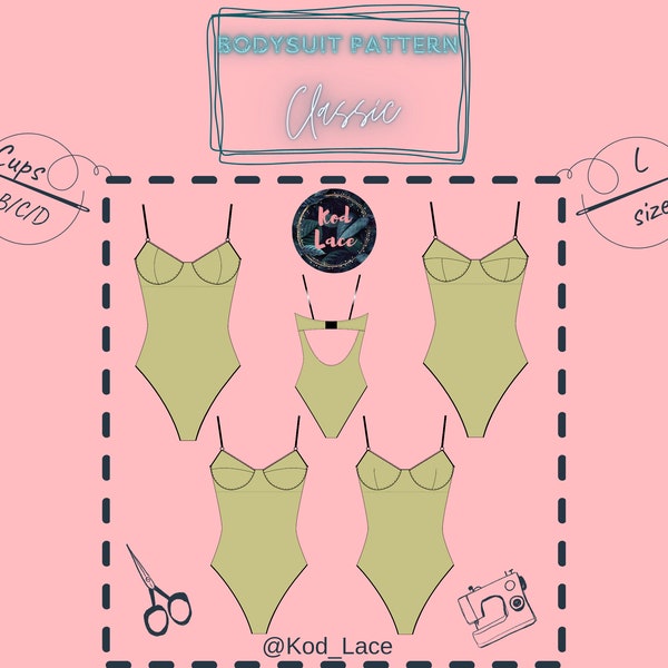 Bodysuit lingerie sewing PDF pattern Classic size L, cups B/C/D