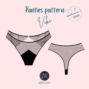 Puede incluir: Ilustración digital de un patrón de lencería etiquetado como "Panties pattern Viki". El diseño presenta dos ejemplos de lencería, uno con un diseño geométrico negro y el otro estilo tanga. La imagen incluye el texto "7 tallas" y el logotipo @Kod_Lace.
