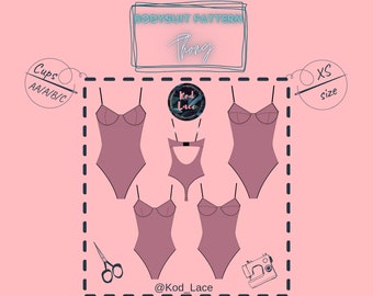 Bodysuit lingerie sewing pattern Thong PDF size XS cups AA, A, B, C