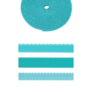 May include: A spool of bright turquoise ribbon coiled in a circle, accompanied by three straight segments of the same material. The segments include one with a scalloped edge, one plain flat strip, and one with a scalloped edge and ribbed texture.