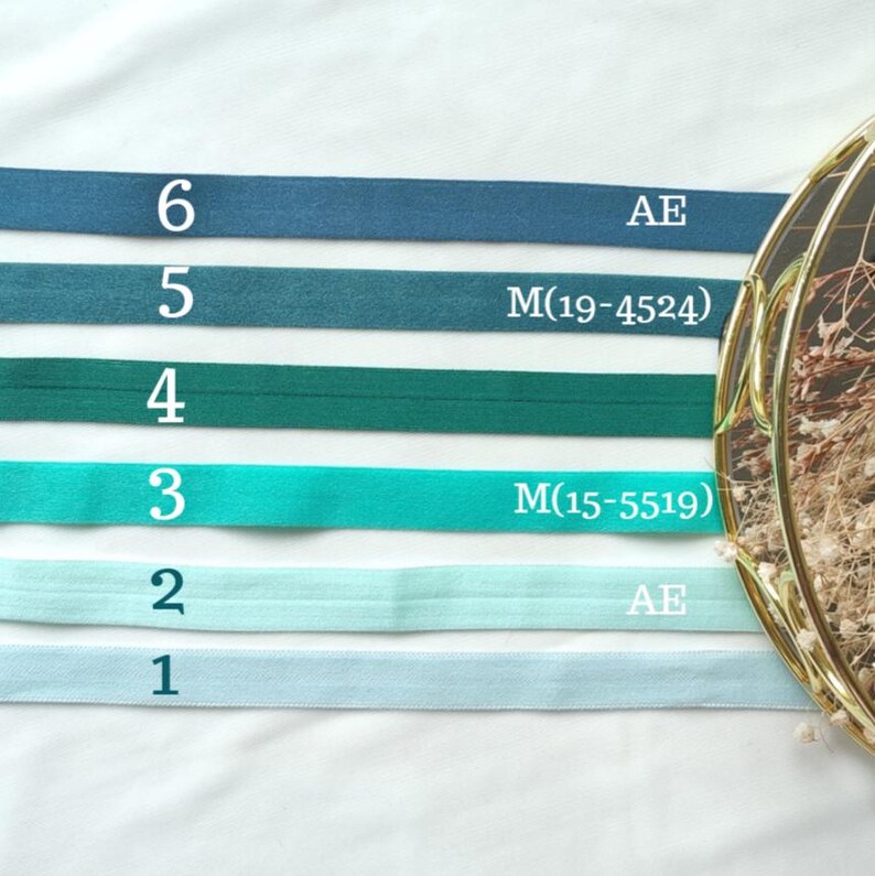 May include: Six different colored elastic bands, numbered 1 through 6, with measurements in inches. The bands are light blue, turquoise, teal, dark green, blue, and dark blue.