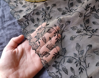 Black Embroidered Beige Lace, Sheer Lingerie Fabric