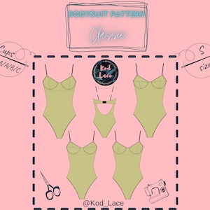 Può includere: Un'illustrazione digitale di un modello di body con il testo "Bodysuit Pattern Classic" e "@Kod Lace". Il modello è disponibile nella taglia S e ha diverse taglie di coppa: AA, A, B e C.