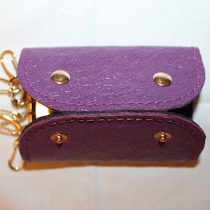May include: A purple leather key holder with gold metal accents and a zipper closure.
