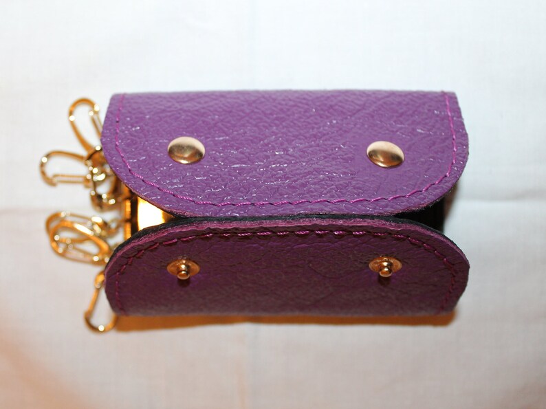 May include: A purple leather key holder with gold metal accents and a zipper closure.