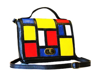 MONDRIAN leather bag, Leather Phone Bag, Leather iphone Pouch, MONDRIAN STYLE,Crossbody Phone Bag, Leather Festival bag, Handy leather bag