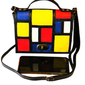 Leather Phone Bag,Leather bag Mondrian, Leather iphone Pouch, Crossbody Phone Bag, Leather Festival bag, Handy leather bag