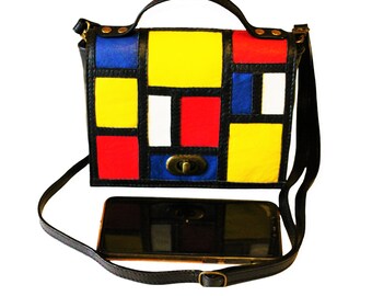 Leather Phone Bag,Leather bag Mondrian, Leather iphone Pouch, Crossbody Phone Bag, Leather Festival bag, Handy leather bag