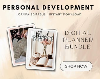 Personal Development Planner Bundle with PLR | Self-Growth Printable Journal | Mindset, Goal Setting, Habit Tracker | Editable In Canva