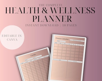 Health and Wellness Planner | Digital Self-Care Journal | Fitness, Nutrition & Mental Health Tracker | Canva Template PLR and MRR