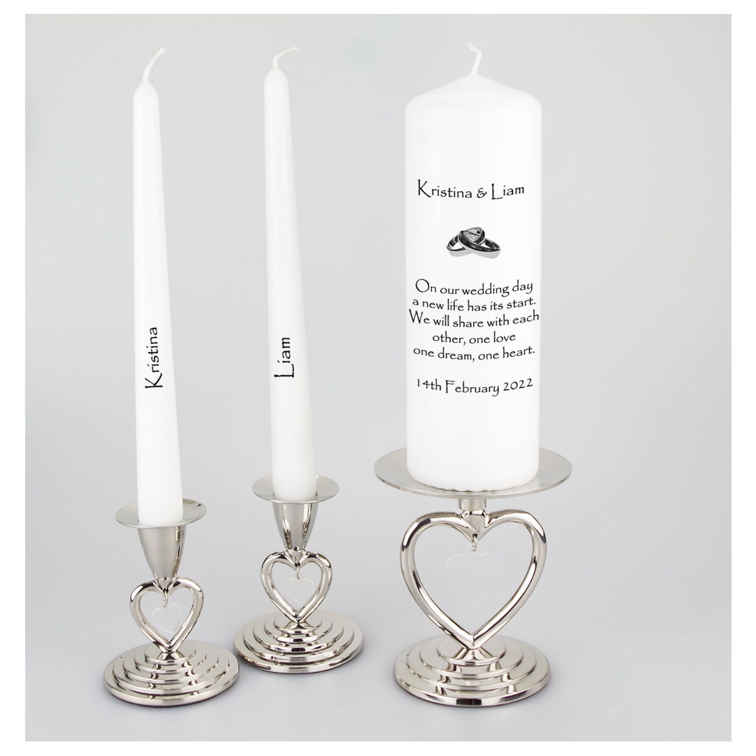 Personalised Wedding Unity Candle Set - Gold or Silver Rings - Wedding ...
