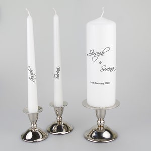 Personalised wedding unity candle set with a Calligraphy style font of your choice  with unity candle holders an optional extra