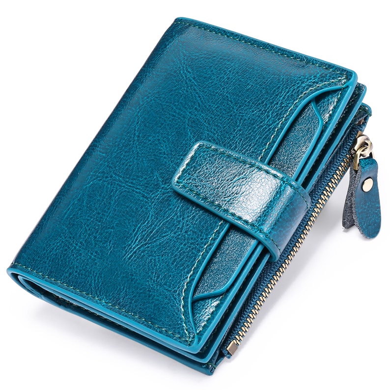 Minimalist Blue Leather Wallet, Zipper Womens Leather Wallet, Handmade