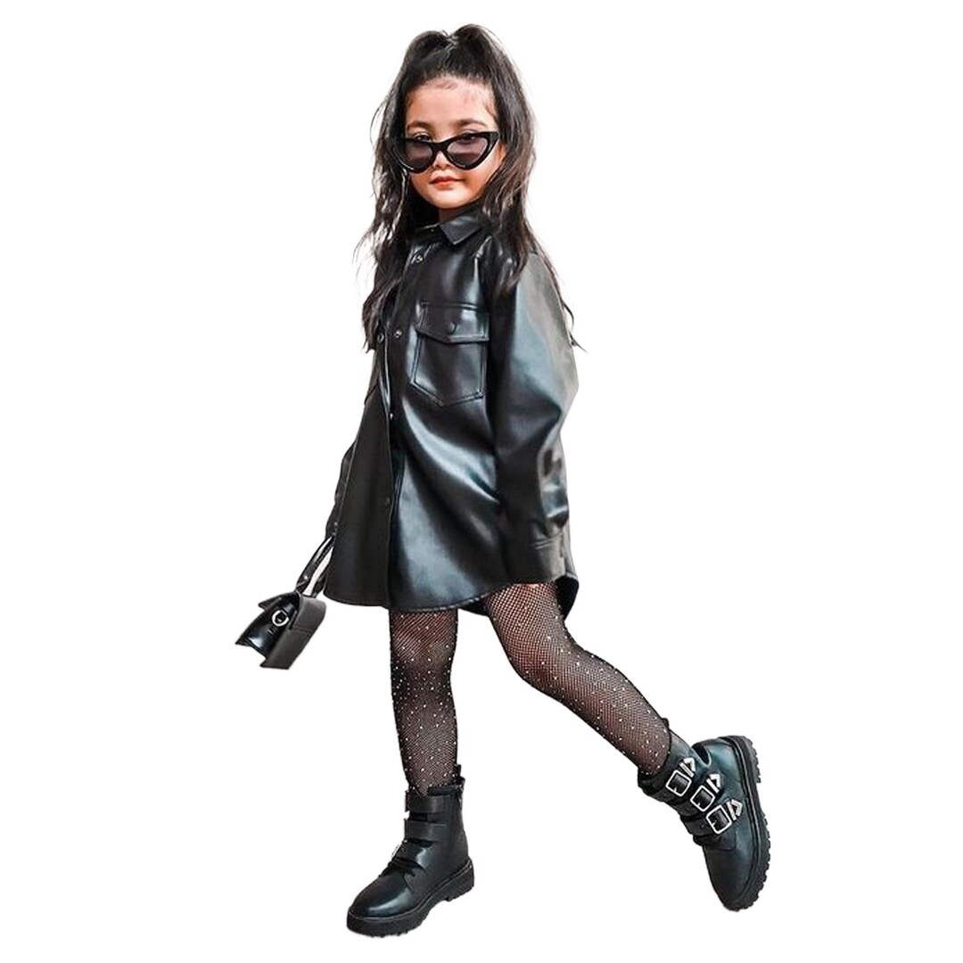 Kids Black Leather Jacket Kid Girls Dress PU Leather Long Etsy