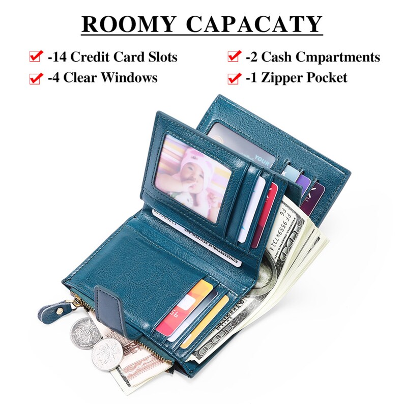 Minimalist Blue Leather Wallet, Zipper Womens Leather Wallet, Handmade