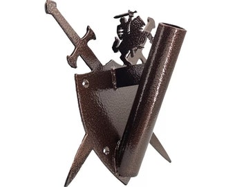 Aged copper iron flag wall pole holder decorated with swords and rider