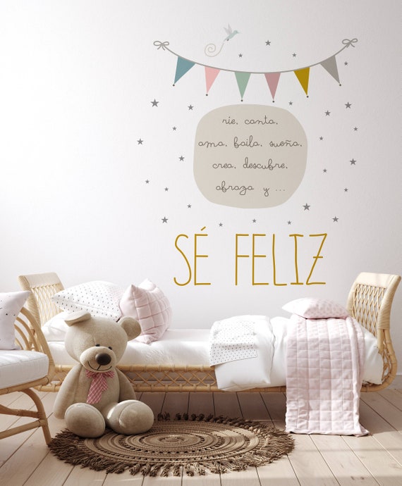 Vinilo Infantil de pared Sé Feliz con frase educativa para habitación  infantil -  España