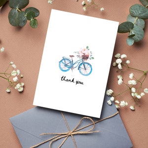 Aquarelle Vélo Imprimable Carte de Remerciement, Téléchargement Instantané, Carte de Note personnalisée, Simple Thank You Notecard, Wedding Thank You Card