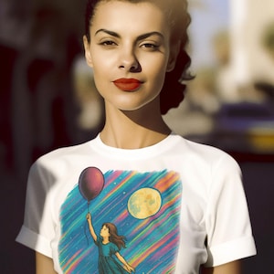 Surreal Art Shirt,Dreamer T-shirt, Casual Top,  Colorful Balloon in the Sky Women’s Apparel