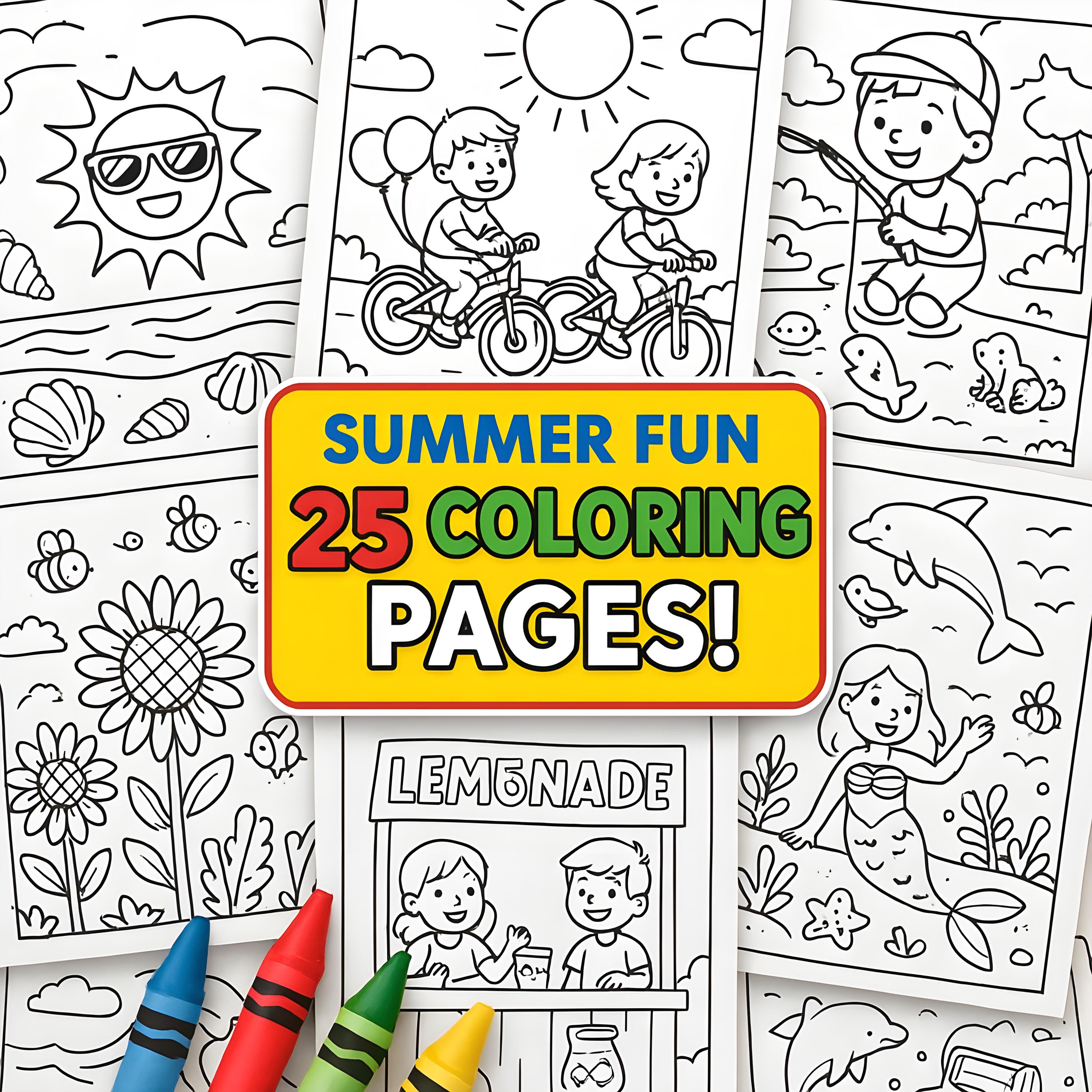 Summer Coloring Pages - Printable Coloring Book Summer Themed with 25 Colorable Pages - Great for Kids and Students in PDF Format