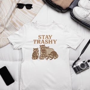 Stay Trashy Unisex Softstyle T-Shirt, Retro Racoon Lover Gift Tee, Funny Meme Graphic Shirt