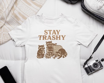 Stay Trashy Unisex Softstyle T-Shirt, Retro Racoon Lover Gift Tee, Funny Meme Graphic Shirt
