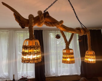 Handmade hanging lamp made of natural materials with hanging basket , Ceiling lamp with hanging pot , Vase with lights hanging from the ceiling