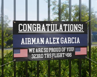 Afstudeerbanner luchtmacht basistraining voor militaire soldaat Gepersonaliseerd bord Airman BMT Homecoming Proud Space Force Family Support