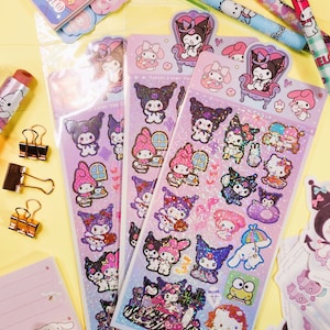 Cute Glitter Sticker Sheets Holographic Kawaii Kitty & Friends Sticker Sheet For Laptop Car Accessories Scrapbooking Journaling Goo Cards