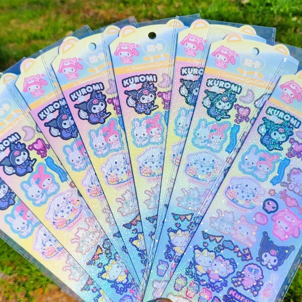 Cute Holographic Kawaii Kitty & Friends Stickers Glitter Kawaii Sticker Sheet For Journaling Scrapbooking Bullet Journal Car Accessories