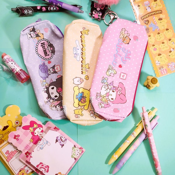 Kawaii Kitty & Friends Cute Pencil Vegan Leather Storage Case Cosmetic Bag Makeup Pouch Kawaii Gifts For Student Teenager