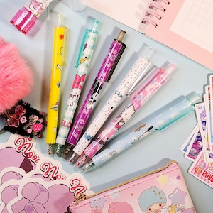 Kawaii Kitty & Friends Set of 6 Pens Retractable Ballpoint Black Ink Pens Cute Japanese Cat Pen Set For Scrapbooking Journaling Planners