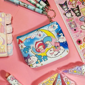 Monedero Kawaii Twin Stars con cremallera, billetera de cuero vegano, resistente al agua, lindo personaje de dibujos animados japoneses, tarjetero de crédito