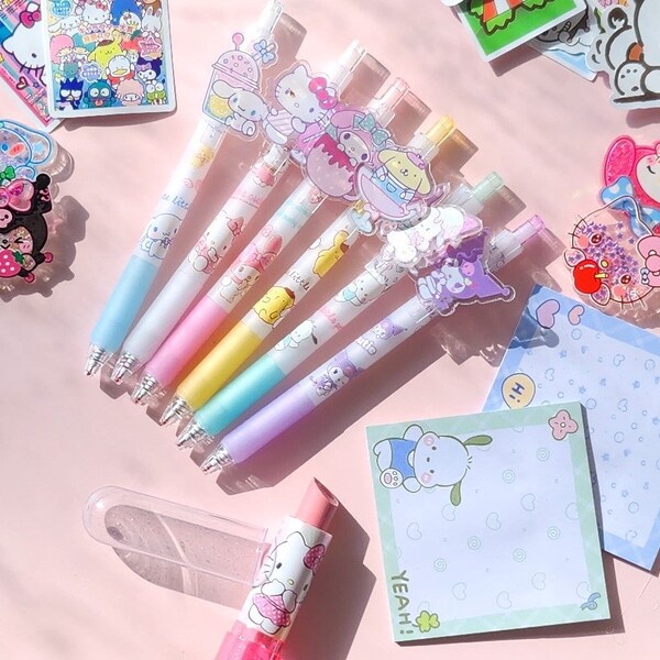 Kawaii Kitty & Friends Rollerball Gel Pen Character Clip Set Kawaii Kitty Friends Cute Pens For Scrapbooking Journaling Planner Accessories