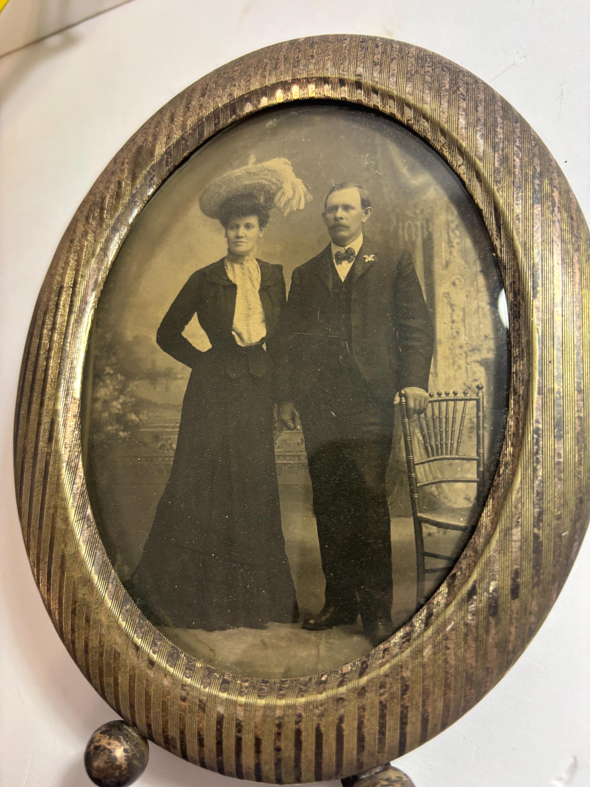 Antique Art Deco Oval Metal Easel Frame with Early Photo of a Couple - Rare
