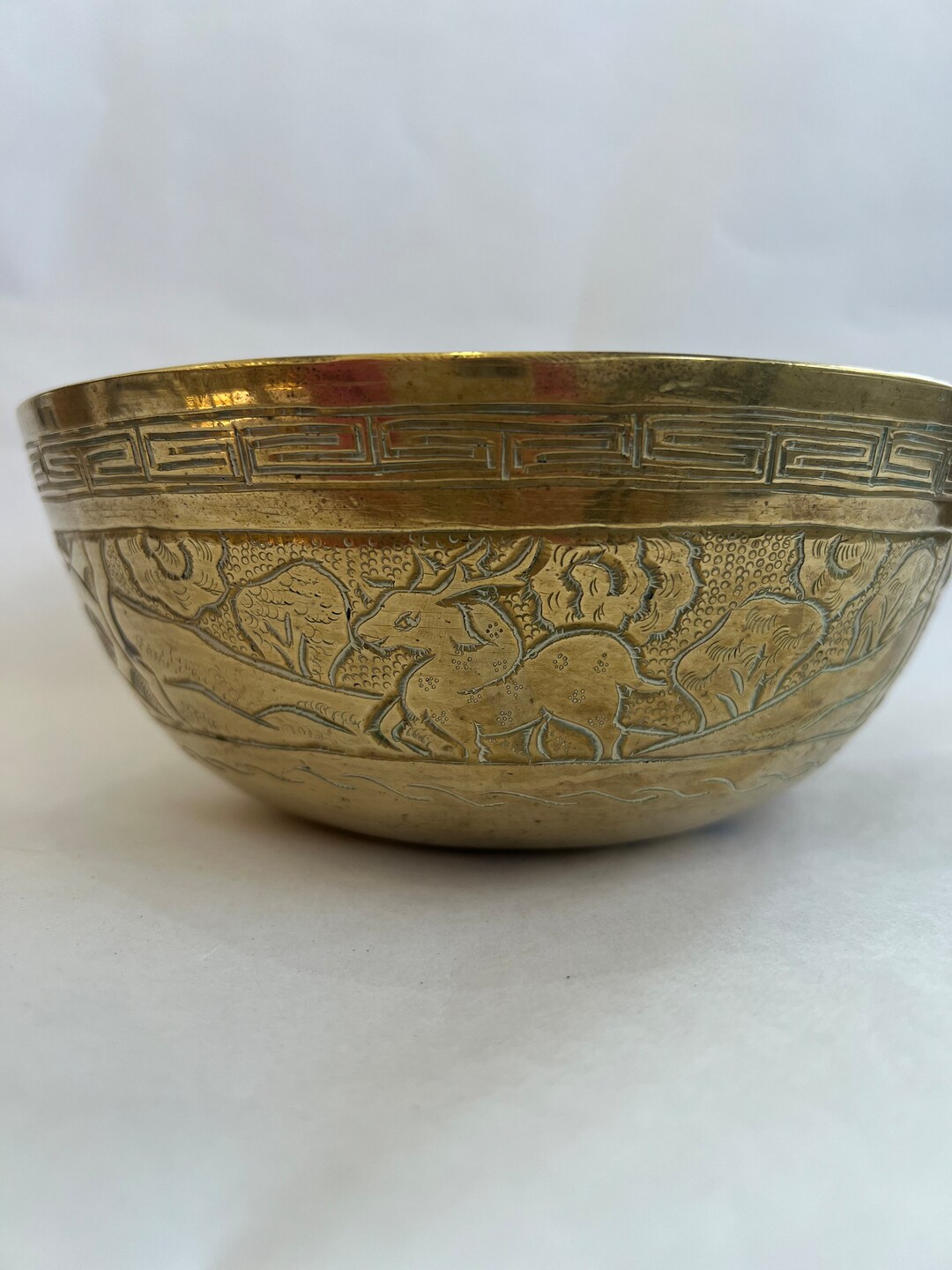 Antique Chinese Brass Bowl Dragon/waves/buck Etsy