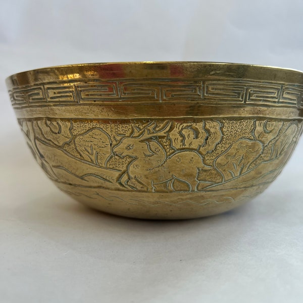 Antique Chinese Brass Bowl - dragon/waves/buck