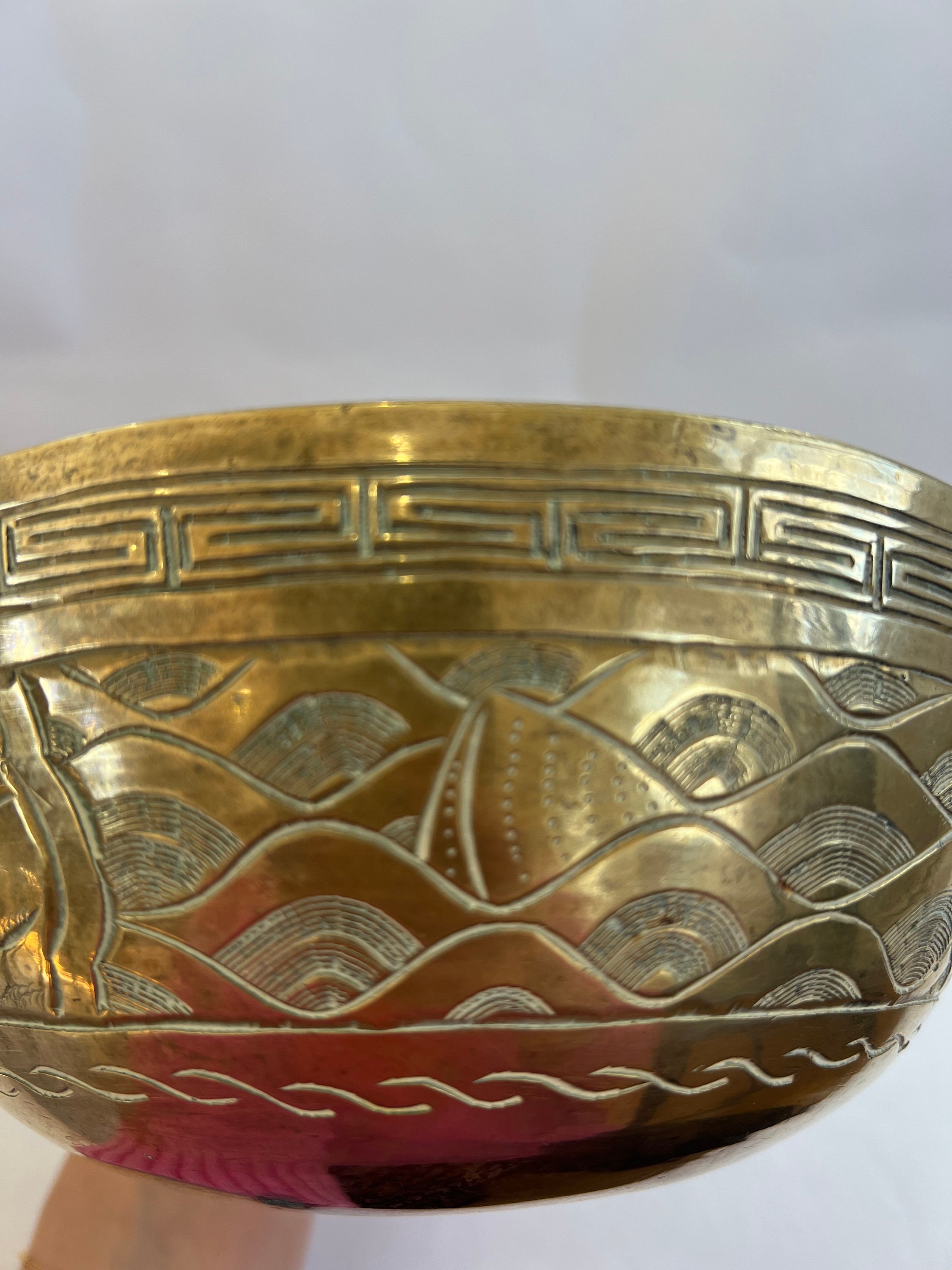 Antique Chinese Brass Bowl Dragon/waves/buck Etsy