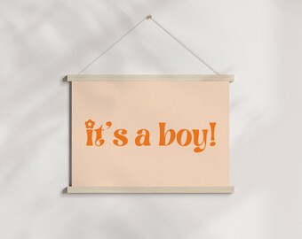 Gender Reveal Sign for Baby Shower Hanging Poster saying it's a boy! - Orange