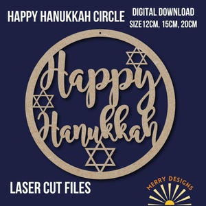 Happy Hanukkah Circle Sign coupe des fichiers, conception svg dxf eps pdf adaptée aux machines de découpe artisanales.