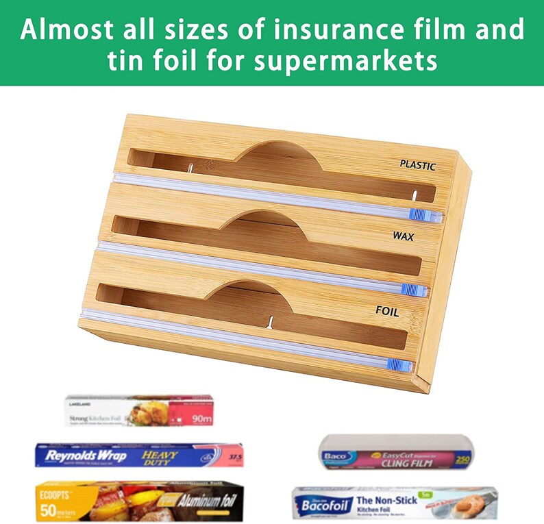Bamboo 3in1 Plastic Wrap Dispenser With Cutter Storage Etsy